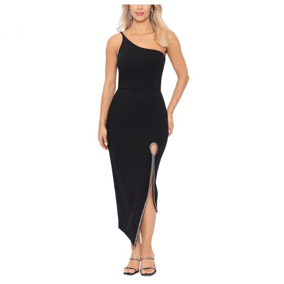 XSCAPE Women's Cocktail Dress Size 6 Black One Shoulder Beaded Midi Sheath - Picture 12 of 14